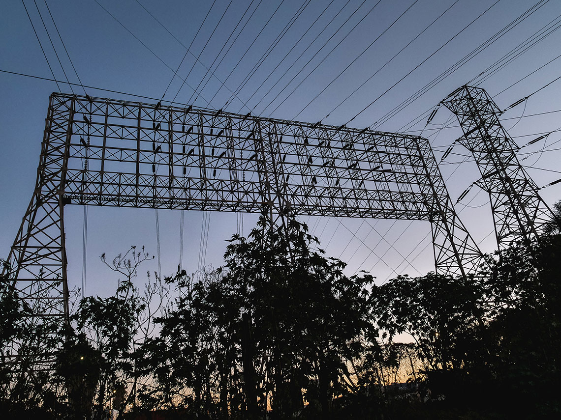 low shot of a transmission tower for electric power