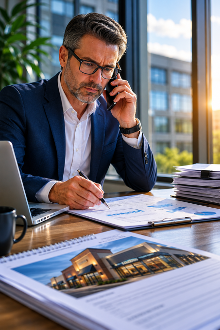 Commercial property manager discussing overdue rent account
