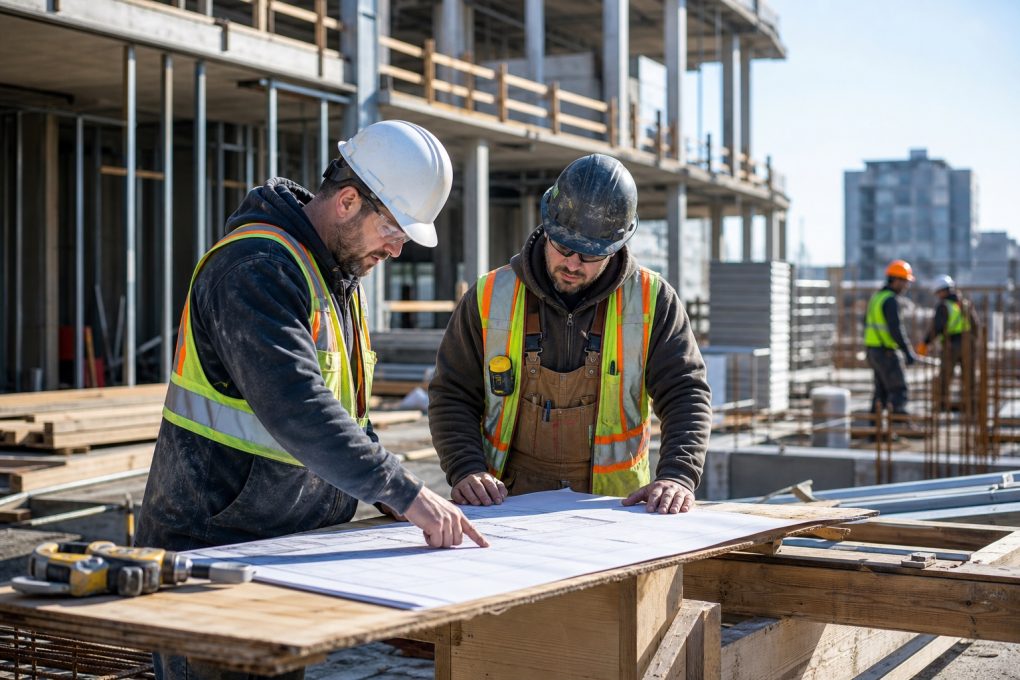 Construction workers reviewing building plans on a commercial job site