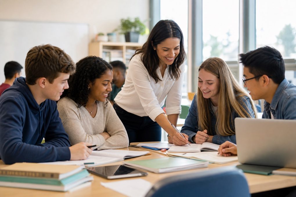 Teacher guiding students collaborating in a bright classroom