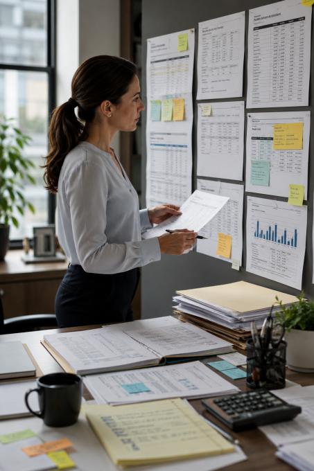 Finance manager reviewing accounts receivable records and payment reports