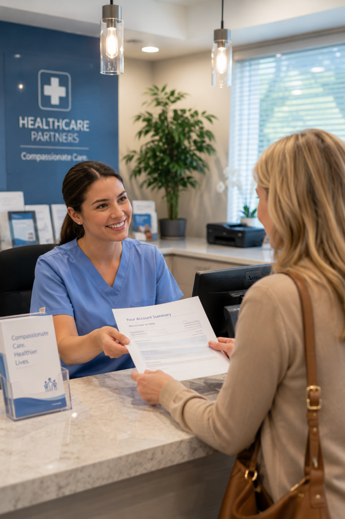 Medical office staff member assisting patient with account paperwork