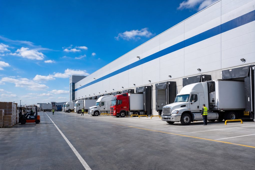 Freight trucks at loading docks in a large logistics distribution yard