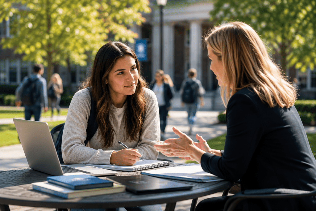 Student meeting with advisor on a university campus