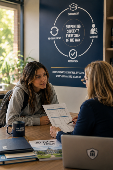 Student meeting with university advisor to discuss account resolution