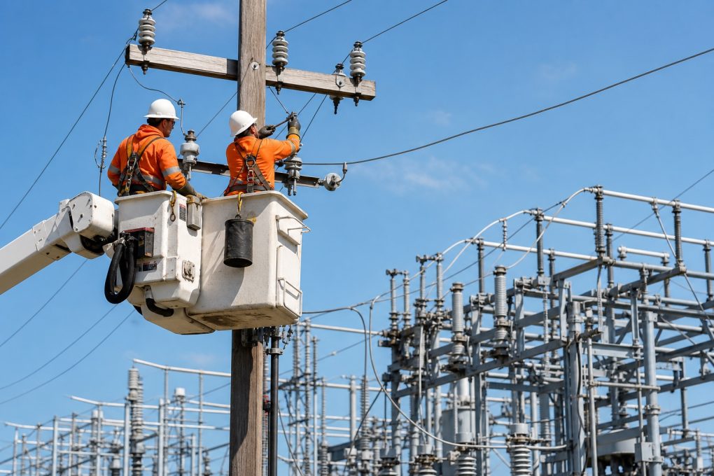 Utility workers servicing power infrastructure from a bucket truck