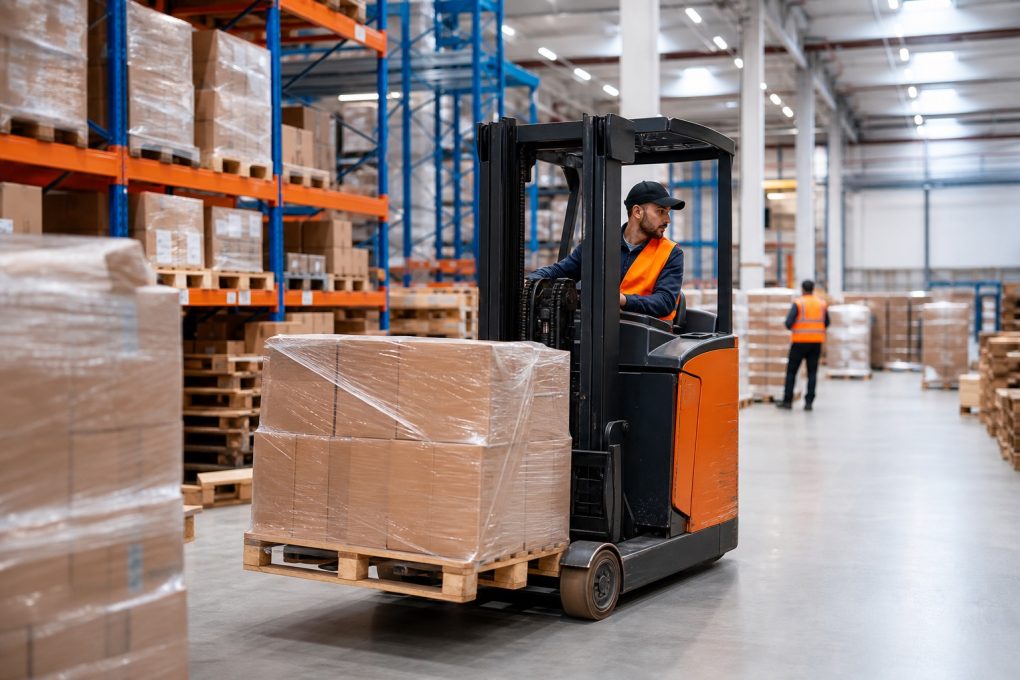 Forklift operator moving palletized inventory inside a modern warehouse