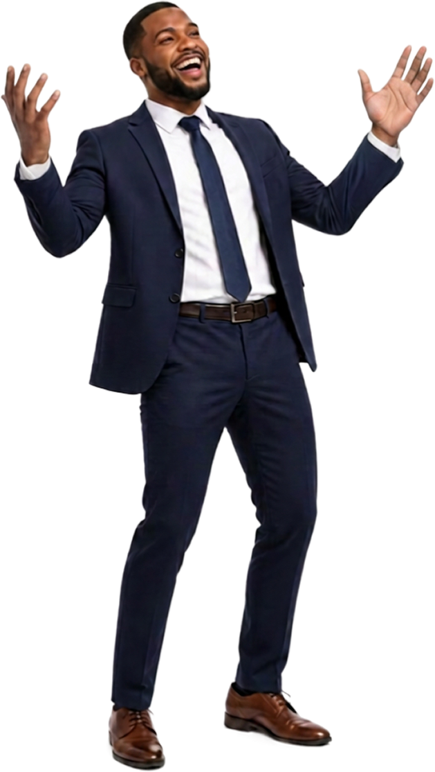 Virginia debt collection agency representative celebrating with arms spread wide open, wearing a blue suit, white shirt, and tie