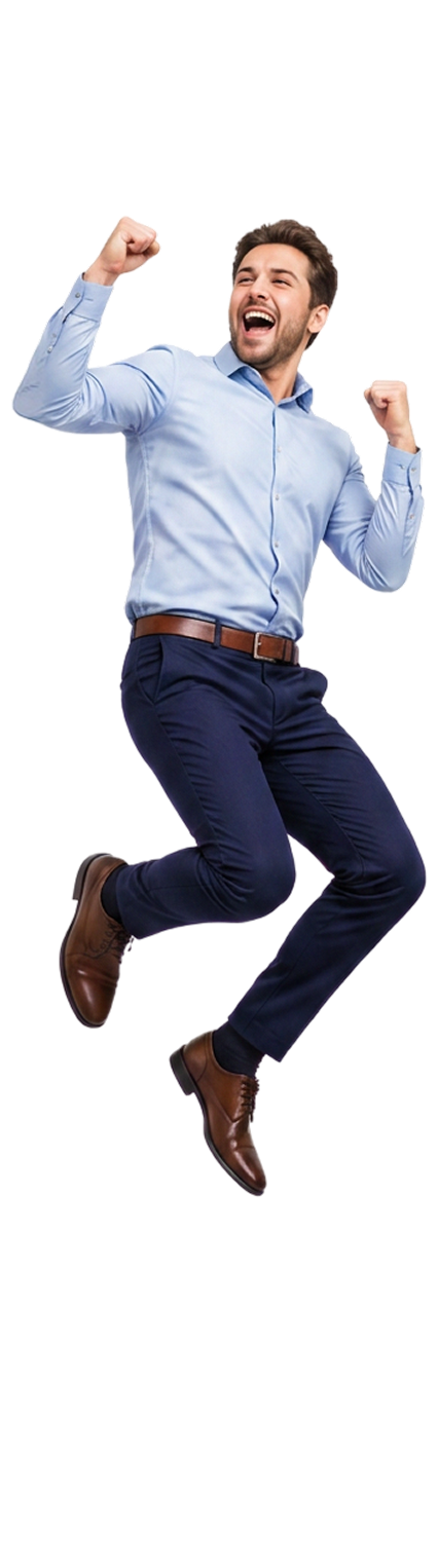 A smiling businessman wearing a blue shirt and dark pants mid-jump with his arms raised in celebration