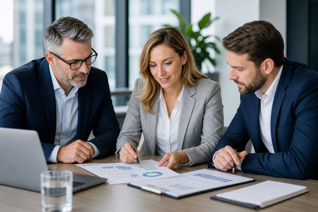 Financial professionals reviewing reports and charts in a modern office
