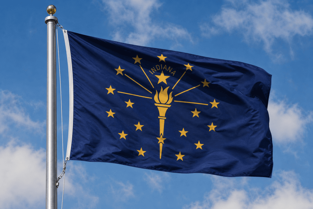Indiana state flag waving on a flagpole against a blue sky