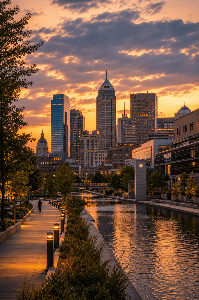 Indiana debt collection agency serving the state from a scenic canal walkway in downtown Indianapolis at sunset