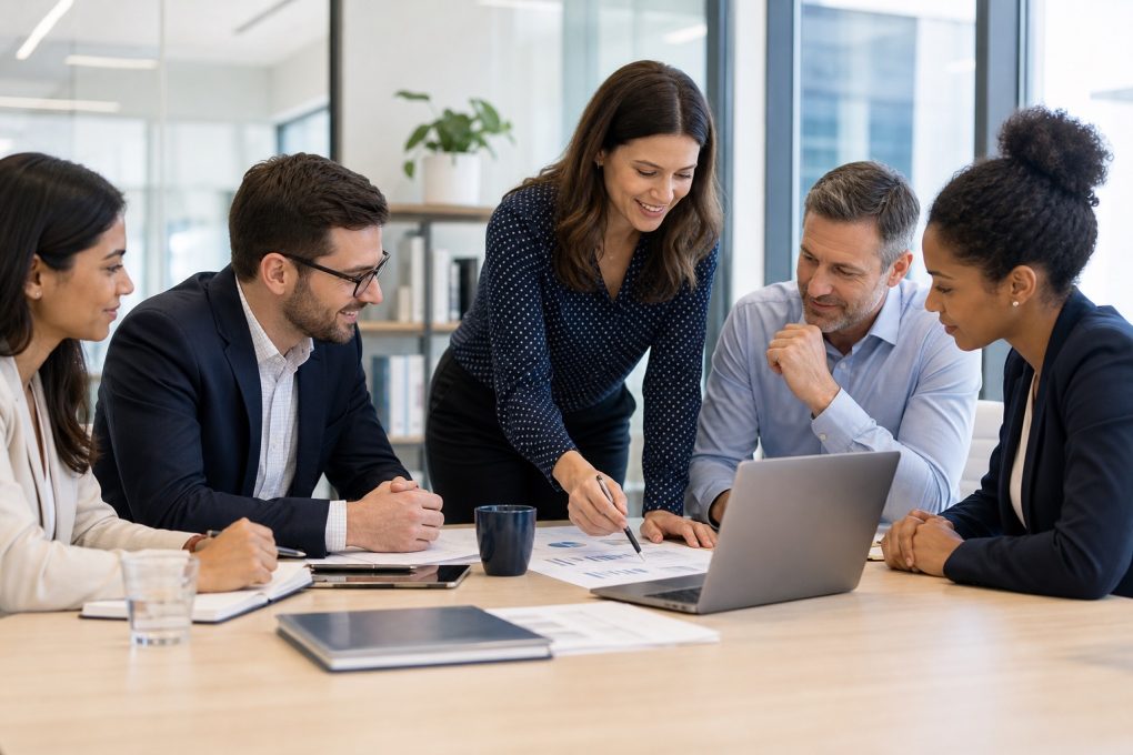 Professional services team collaborating around a laptop in a modern office