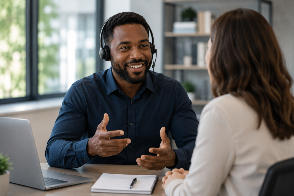 A professional answering questions during a consultation