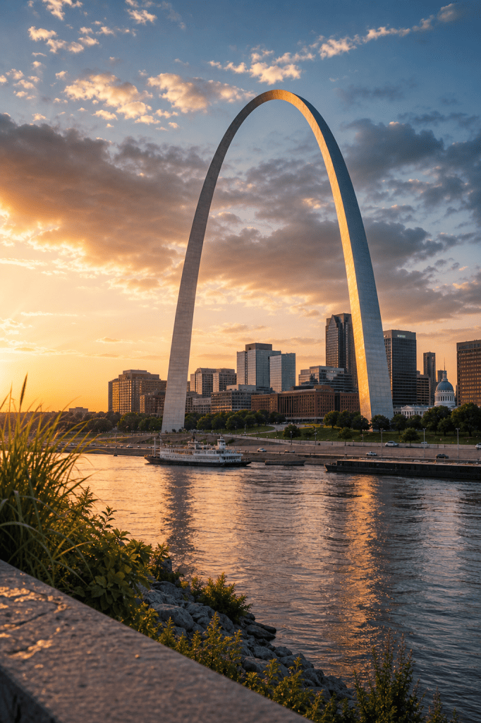 Missouri debt collection agency serving the state, shown here with the St. Louis Gateway Arch at sunset over the river