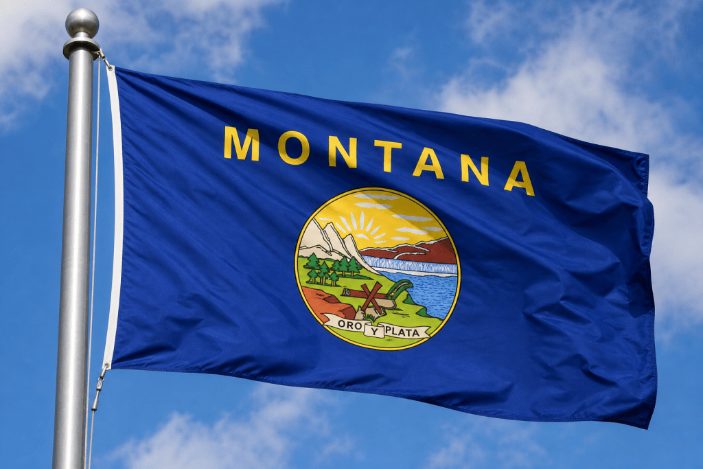 Montana state flag waving on a flagpole against a blue sky