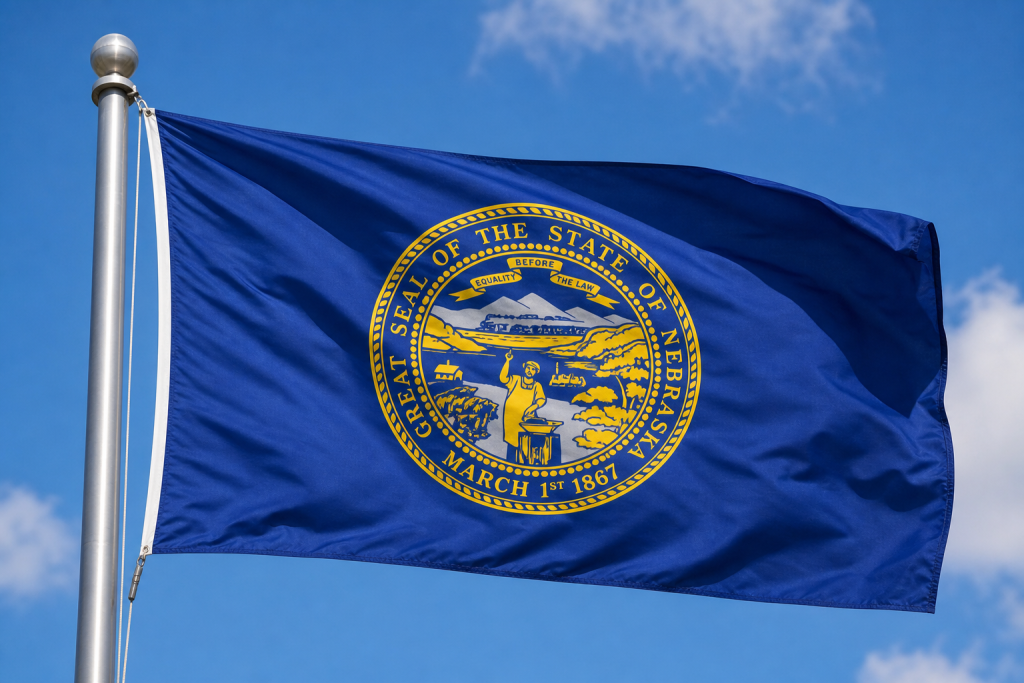 Nebraska state flag waving on a flagpole against a blue sky