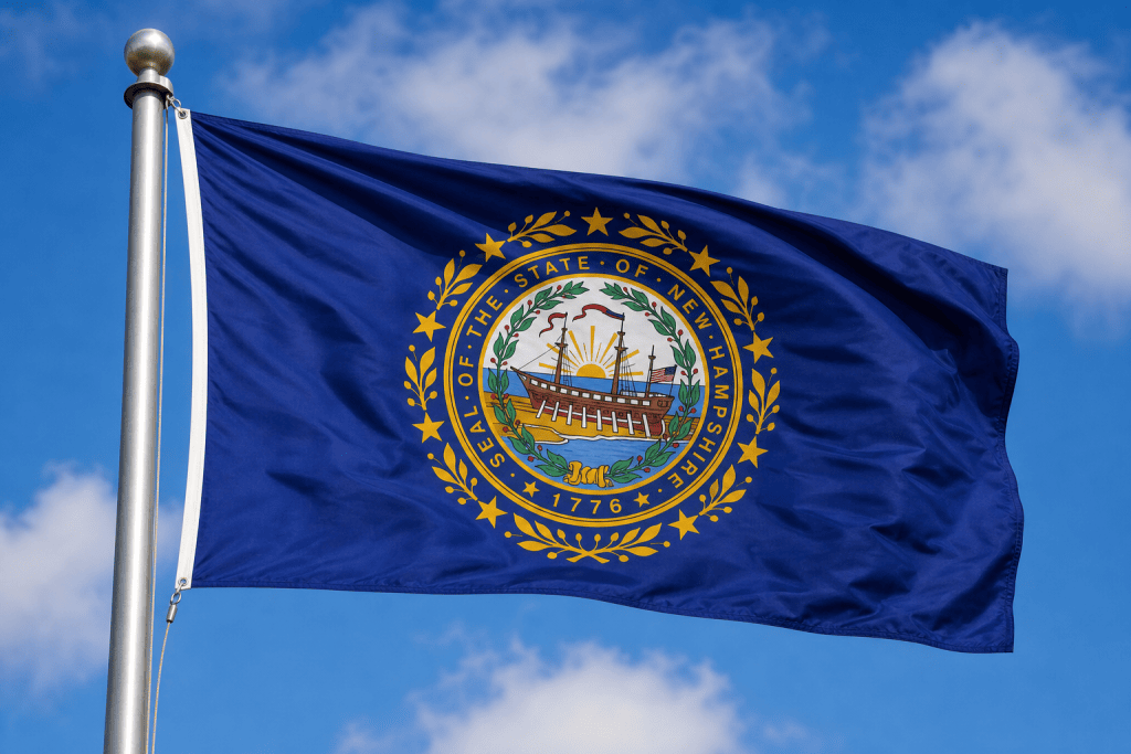 New Hampshire state flag waving on a flagpole against a blue sky