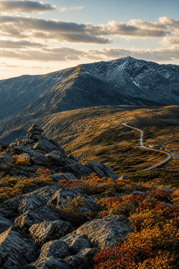 New Hampshire debt collection agency service area showing Mount Washington with a winding road at sunset