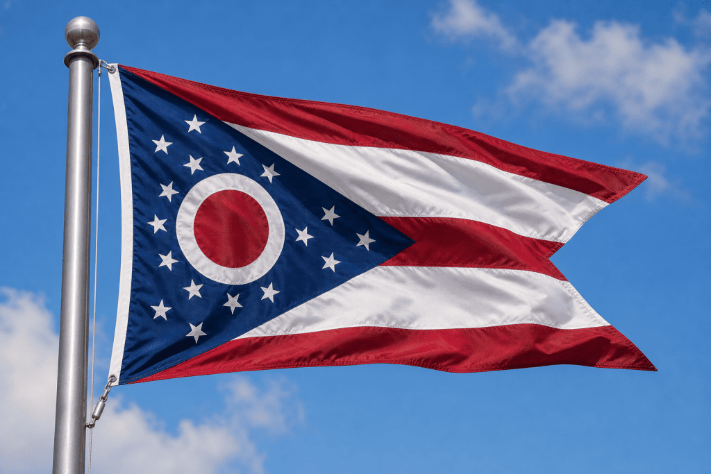 Ohio state flag waving on a flagpole against a blue sky