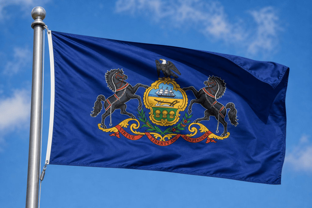 Pennsylvania state flag waving on a flagpole against a blue sky