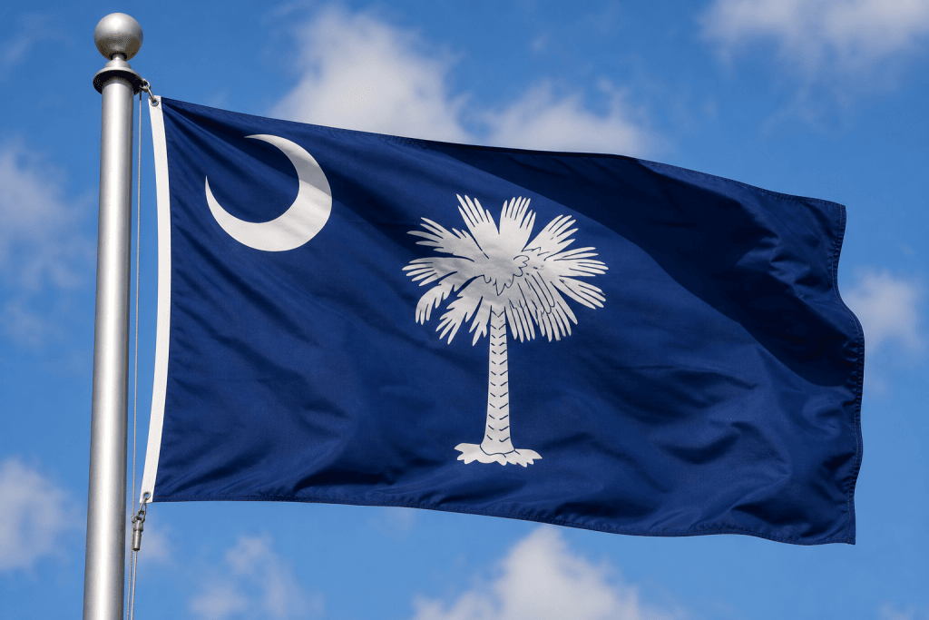 South Carolina state flag waving on a flagpole against a blue sky