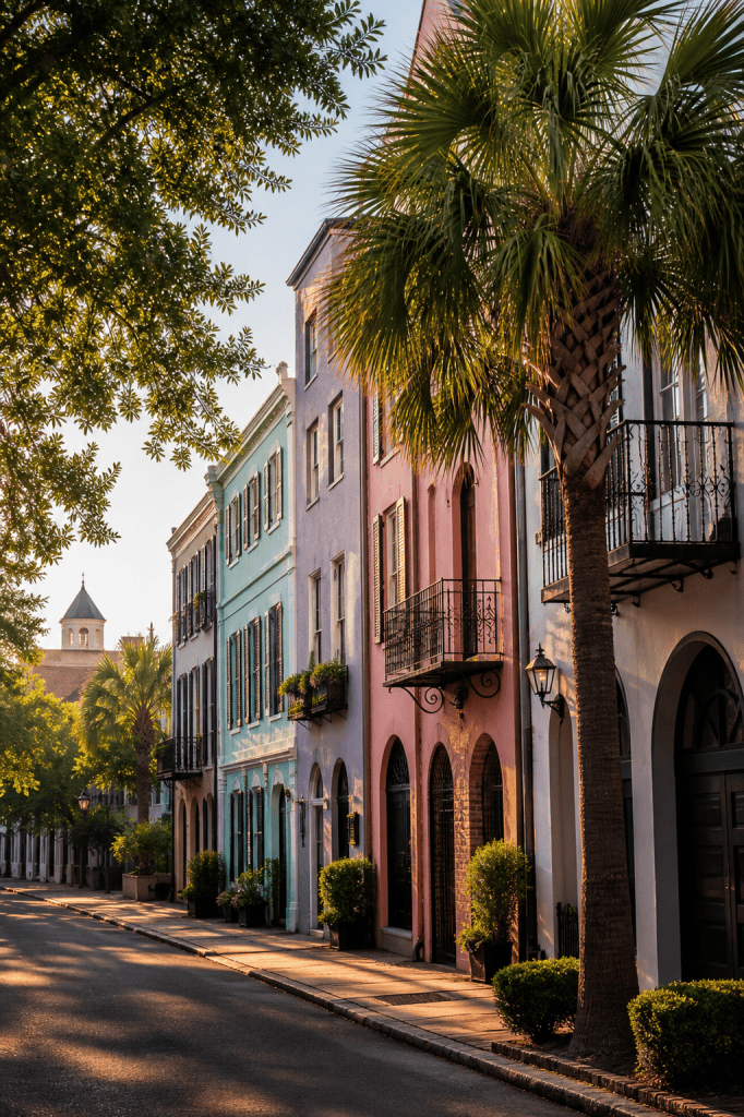 South Carolina debt collection agency serving historic Rainbow Row in Charleston with colorful Georgian townhouses and palm trees