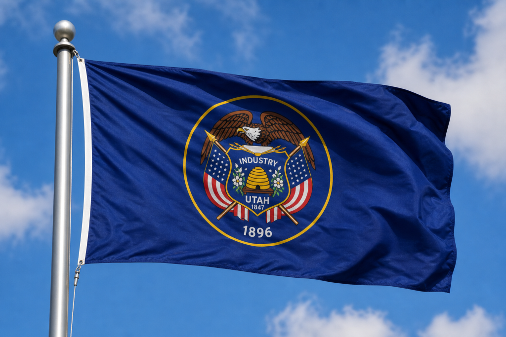 Utah state flag waving on a flagpole against a blue sky