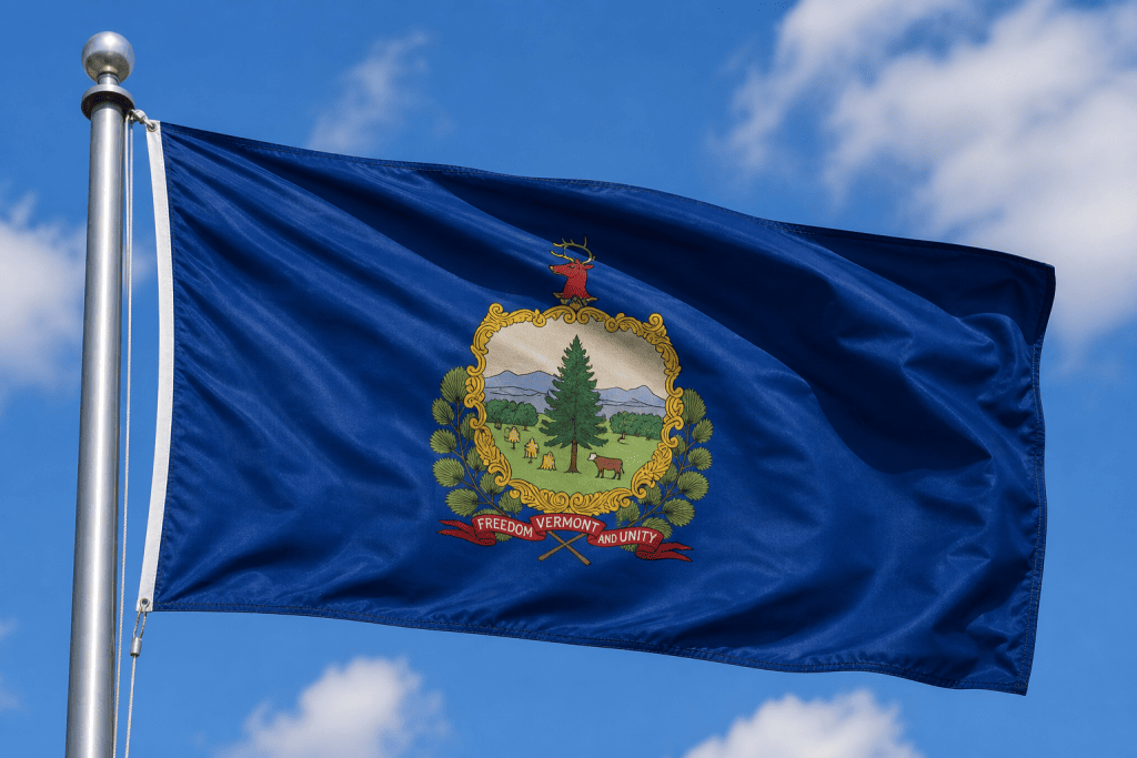 Vermont state flag waving on a flagpole against a blue sky