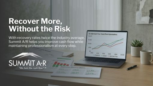 Laptop displaying cash flow trend and recovery performance metrics with financial documents on a desk, highlighting improved cash flow and accounts receivable optimization