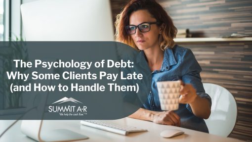 Woman in glasses working at her desk with coffee, representing the psychology behind late client payments and how Summit A•R offers strategies to manage them.