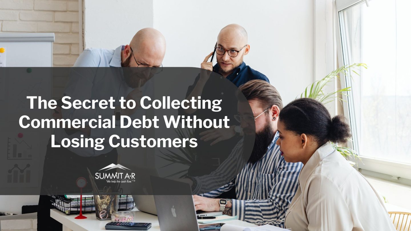 Business team collaborating in office on commercial debt recovery strategies, highlighting Summit A•R’s approach to collecting debt without losing customers.