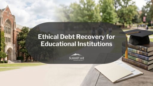 University campus with graduation cap and academic books representing ethical debt recovery solutions for educational institutions and tuition receivables management