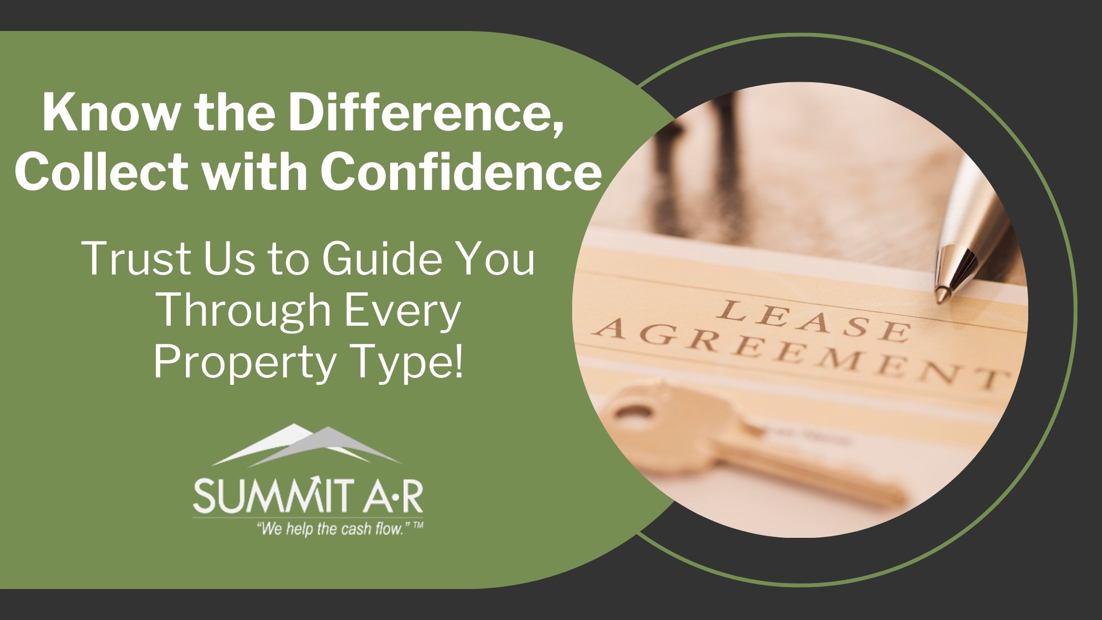 Lease agreement form with a pen tip and golden key, overlaid with Summit A•R’s message about confidently navigating multifamily and commercial property collections.