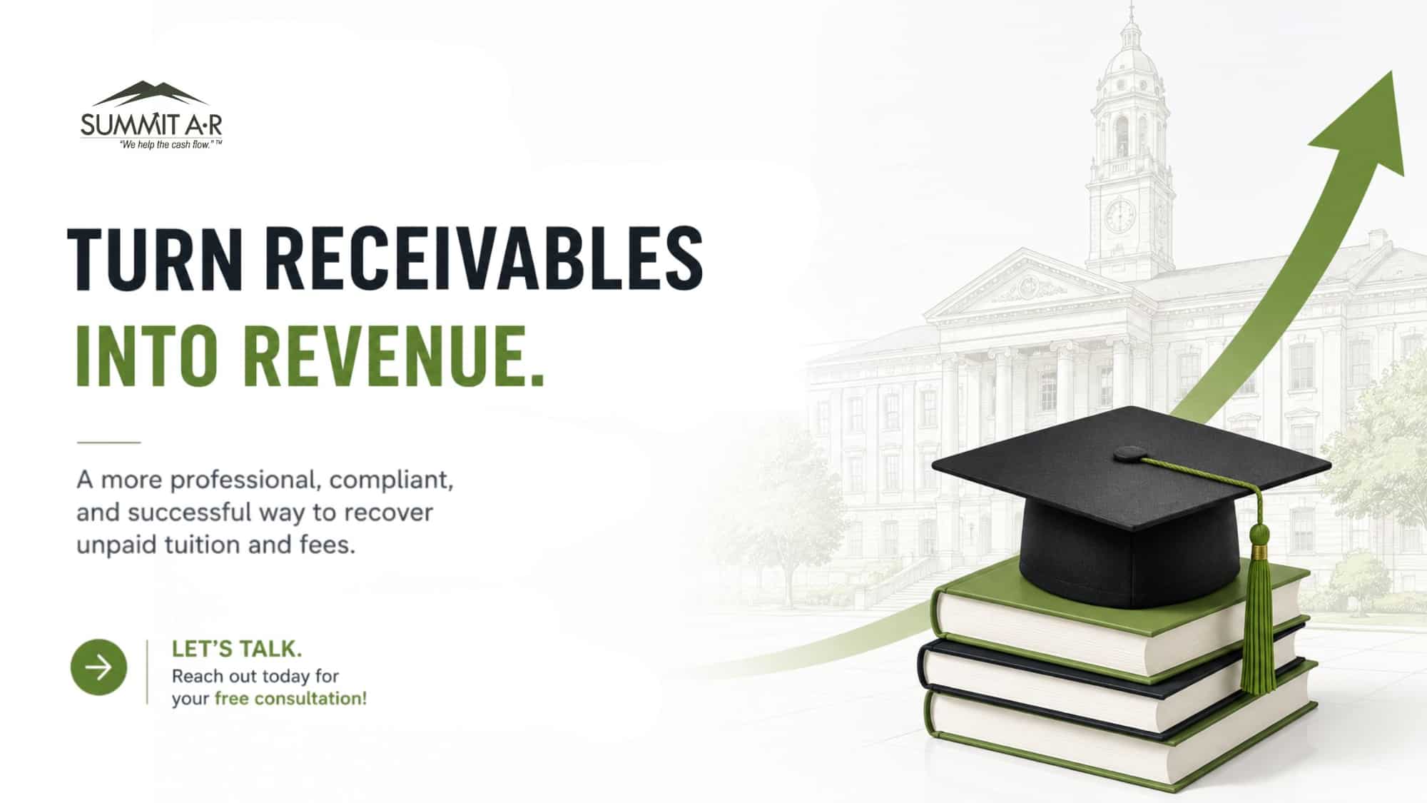 Graduation cap on stacked books with upward growth arrow symbolizing tuition recovery, improved cash flow, and converting educational receivables into revenue for institutions
