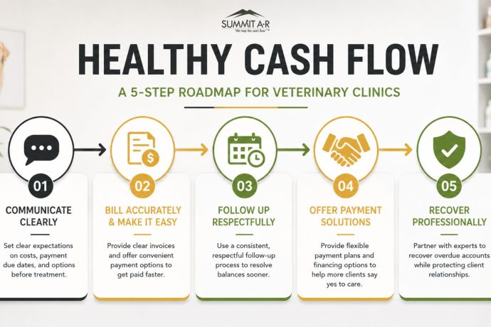 Infographic outlining a five-step cash flow roadmap for veterinary clinics, including billing, respectful follow-up, payment solutions, and professional debt recovery