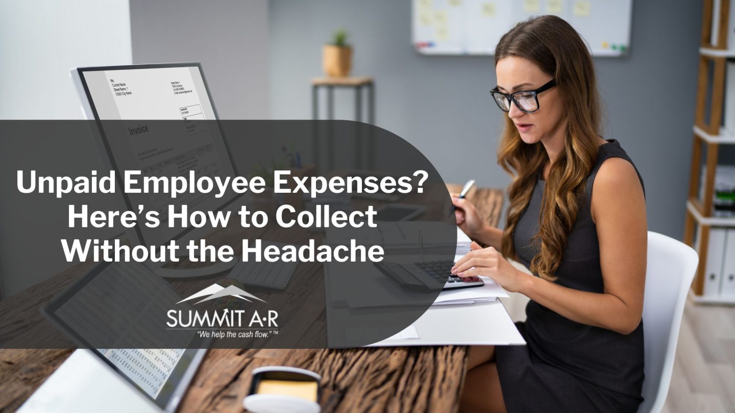 Businesswoman working at her desk with invoices on screen, learning how to collect unpaid employee expenses with Summit A•R.