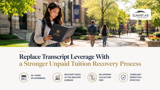 Student reviewing an official transcript on a university campus with information about compliant unpaid tuition recovery services for colleges and universities