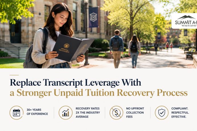 Student reviewing an official transcript on a university campus with information about compliant unpaid tuition recovery services for colleges and universities